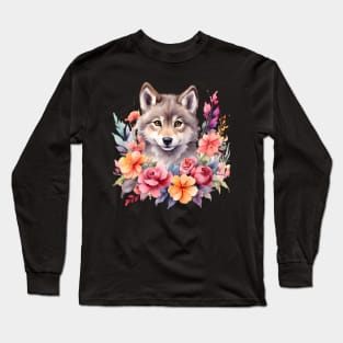 A wolf decorated with beautiful watercolor flowers Long Sleeve T-Shirt